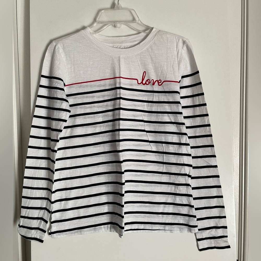 Ann Taylor LOFT Cotton Stripe Long Sleeve Crew Neck T Shirt Top Blk White Red